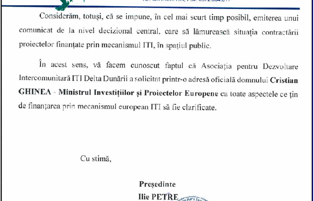 Preşedintele Ilie Petre cere clarificări ministrului Cristian Ghinea privind finanţarea proiectelor prin ITI Delta Dunării