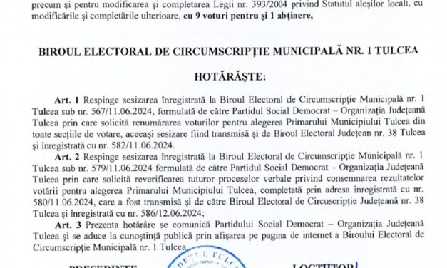 Biroul Electoral de Circumscripţie Tulcea a respins cererea PSD de renumărare a voturilor pentru funcţia de primar al municipiului