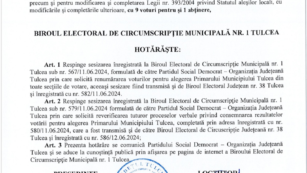Biroul Electoral de Circumscripţie Tulcea a respins cererea PSD de renumărare a voturilor pentru funcţia de primar al municipiului