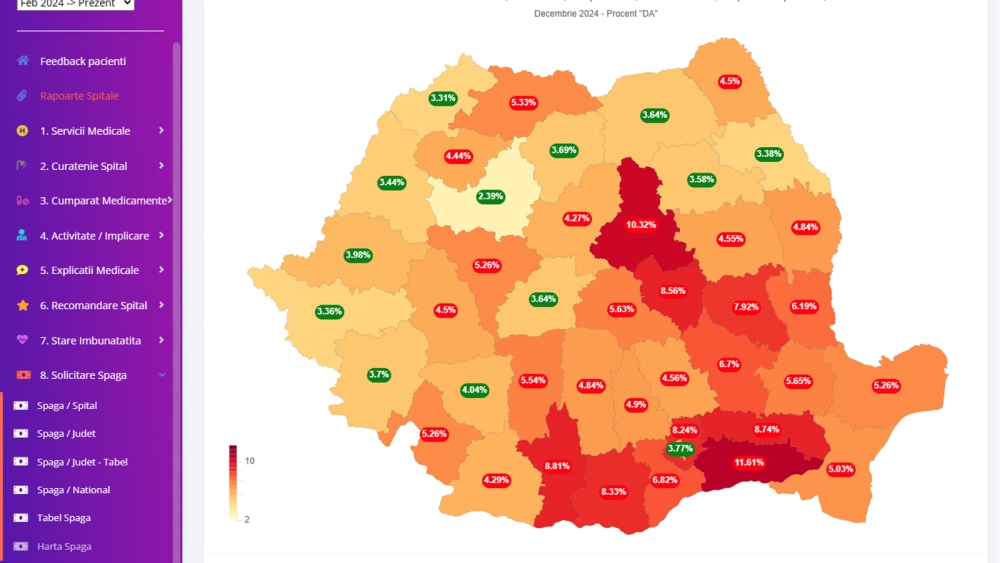 Harta şpăgii în spitale, în decembrie 2024: Tulcea, peste media pe ţară la şpagă, cu 5.26%