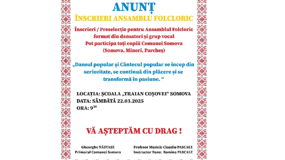 Primăria Somova îşi face Ansamblu Folcloric de Dansuri şi Cântece Populare