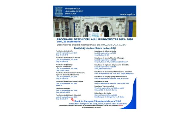 Programul deschiderii anului universitar 2025-2026 la Universitatea Dunarea de Jos din Galati