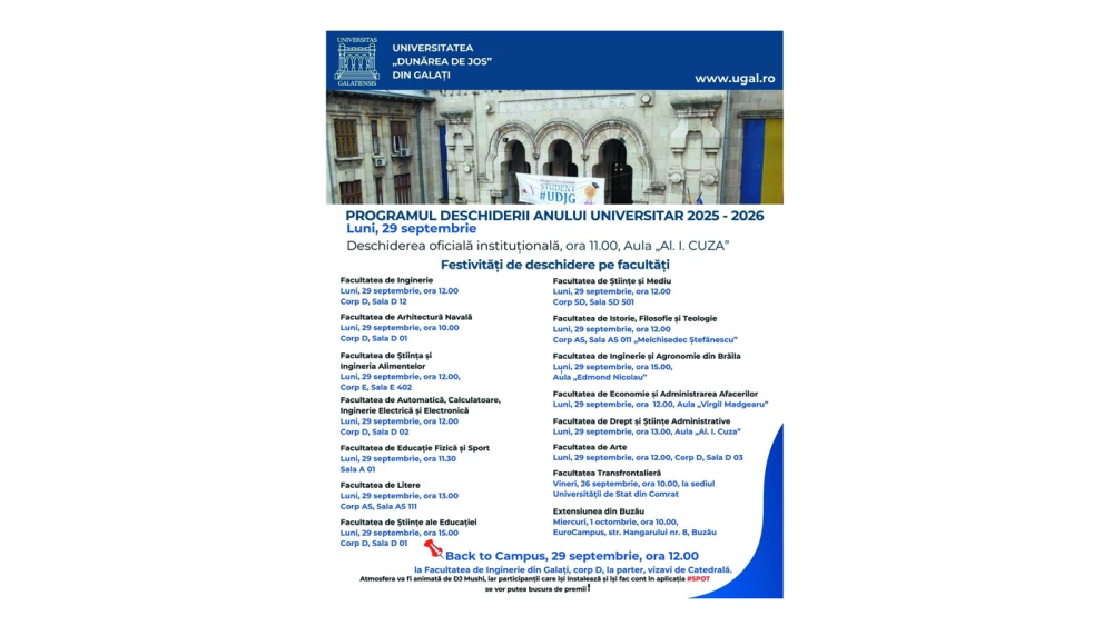 Programul deschiderii anului universitar 2025-2026 la Universitatea Dunarea de Jos din Galati