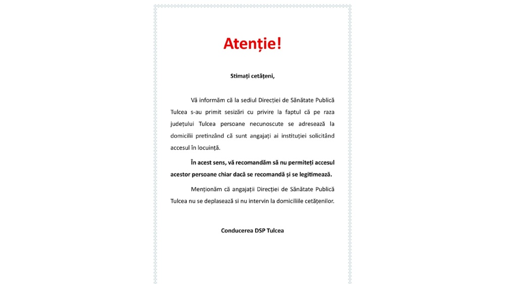 Atenţie, tulceni: escroci se prezintă ca angajaţi ai DSP şi cer acces în locuinţe