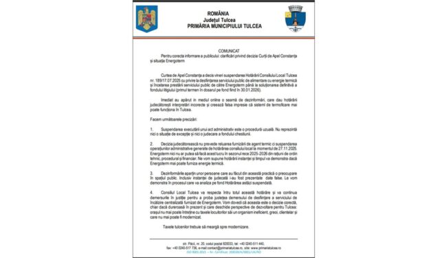 Clarificări ale Primăriei Municipiului Tulcea privind decizia Curţii de Apel Constanţa: Energoterm nu va furniza agent termic