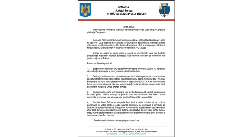 Clarificări ale Primăriei Municipiului Tulcea privind decizia Curţii de Apel Constanţa: Energoterm nu va furniza agent termic