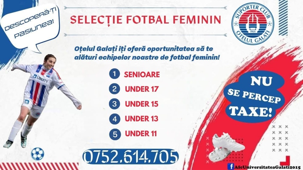 Oţelul Galaţi caută tinere talente din Tulcea pentru fotbalul feminin
