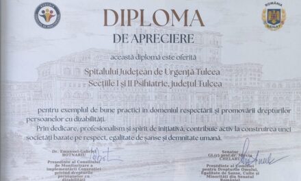 Recunoaştere la Senat pentru Secţia de Psihiatrie Tulcea: model de bune practici în sprijinul persoanelor cu dizabilităţi