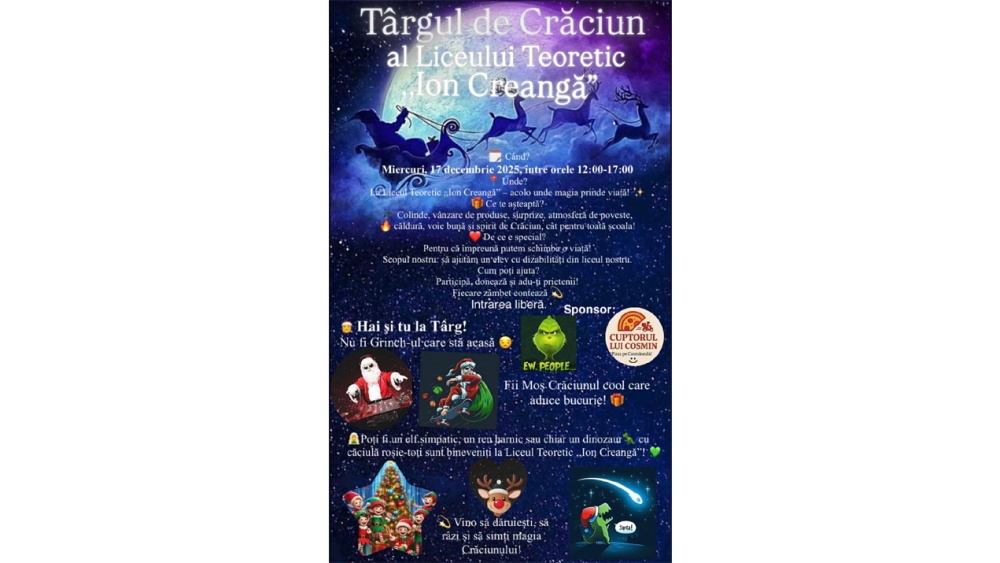Târg de Crăciun pentru susţinerea unui elev cu dizabilităţi, miercuri la Liceul „Ion Creangă”
