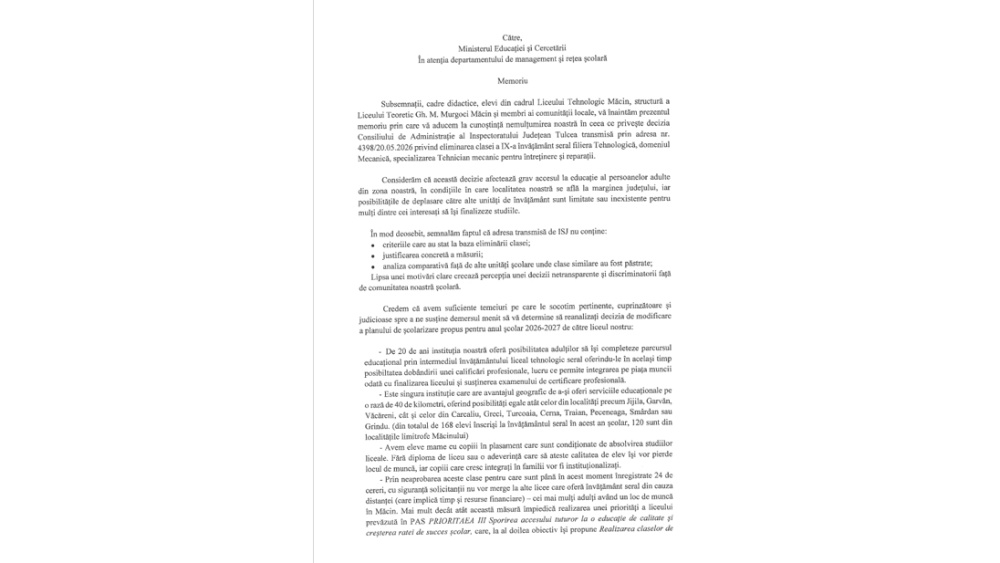 Liceul din Măcin a rămas fără o clasă de seral pe filiera tehnologică. Decizia Inspectoratului Şcolar, contestată la Ministerul Educaţiei