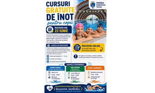Cursuri gratuite de înot pentru copii la Bazinul Didactic de Înot Tulcea