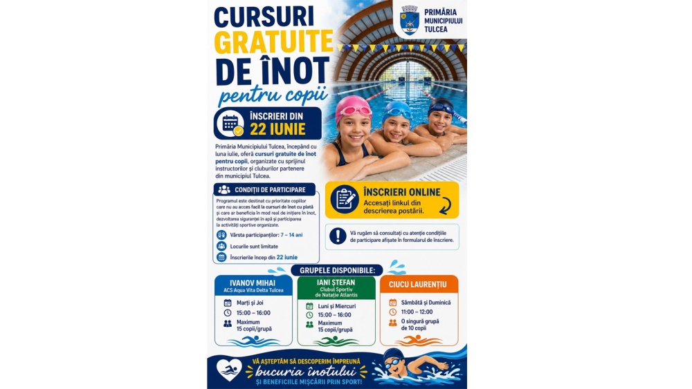 Cursuri gratuite de înot pentru copii la Bazinul Didactic de Înot Tulcea