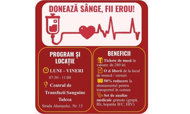 Donează sânge, salvează o viaţă: apelul lansat de Spitalul Judeţean Tulcea