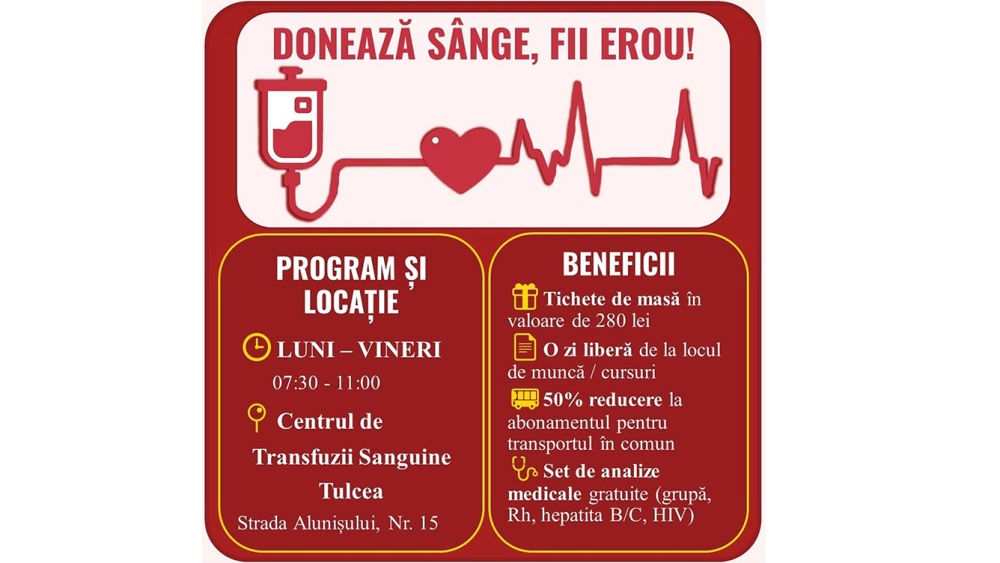 Donează sânge, salvează o viaţă: apelul lansat de Spitalul Judeţean Tulcea