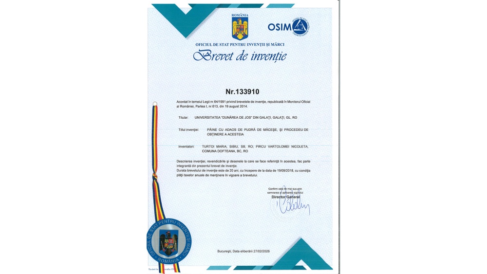 Nou brevet de invenţie obţinut de Universitatea „Dunărea de Jos” din Galaţi