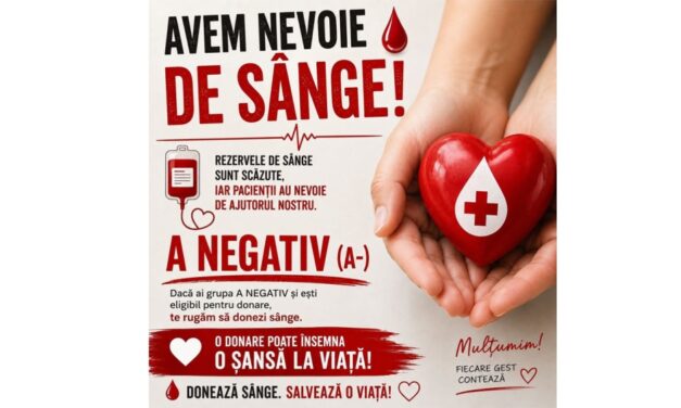 Este nevoie URGENTĂ de sânge grupa A negativ. Apelul Centrului de Transfuzie Sanguină Tulcea