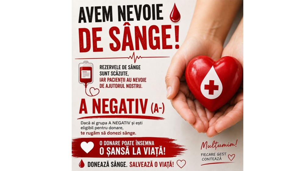 Este nevoie URGENTĂ de sânge grupa A negativ. Apelul Centrului de Transfuzie Sanguină Tulcea
