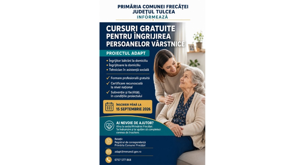 Oportunitate pentru locuitorii din Frecăţei: cursuri gratuite pentru îngrijirea persoanelor vârstnice