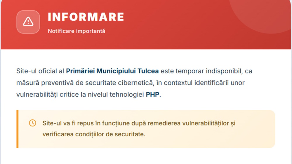 Primăria Tulcea îşi închide temporar site-ul după alerta cibernetică mondială